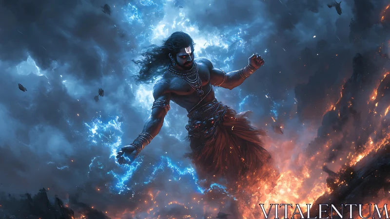 Mythic storm god strides through fire and lightning storm.