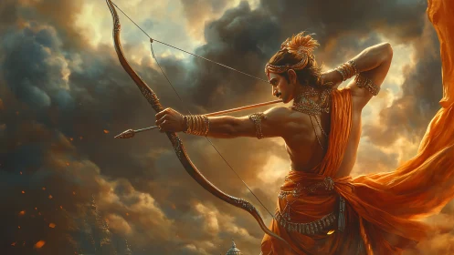 Stormlit archer carves a blazing halo through swirling clouds