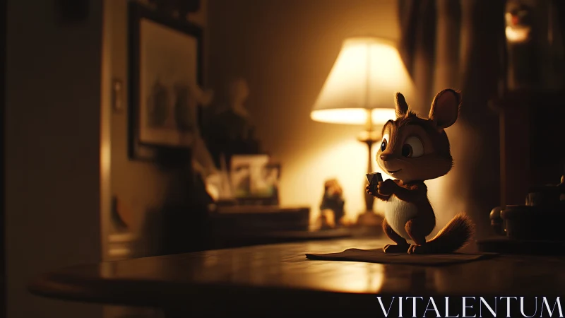 Warm-lit chipmunk character studying phone on table at night.