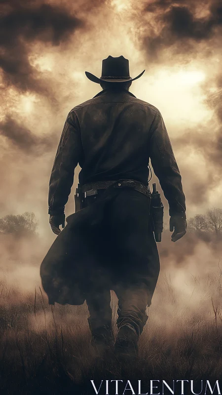 Lone gunslinger strides into stormlit frontier silence.