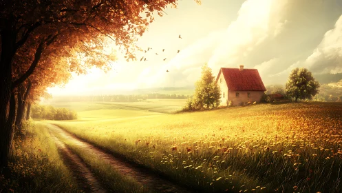 Sunlit country lane curling toward a quiet golden cottage.
