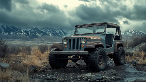 Rustic off-road jeep stands before stormy alpine mountain range