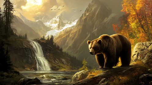 Autumn sentinel bear beside waterfall in glowing alpine wilds.