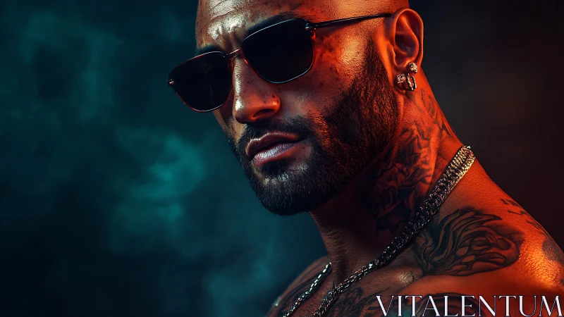 Moody portrait of tattooed man in cinematic neon light.