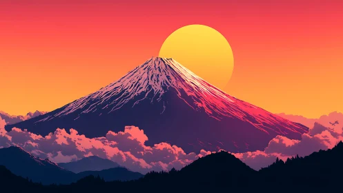 Spectral gradient sunset over stratovolcano silhouette study.