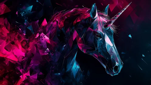 Prismatic low poly neon unicorn bust in cyan magenta shards.