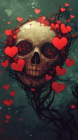 Cranial skull entwined with red heart motifs and dark roots