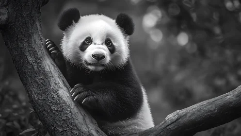 Monochrome wildlife portrait of panda on forest branch.