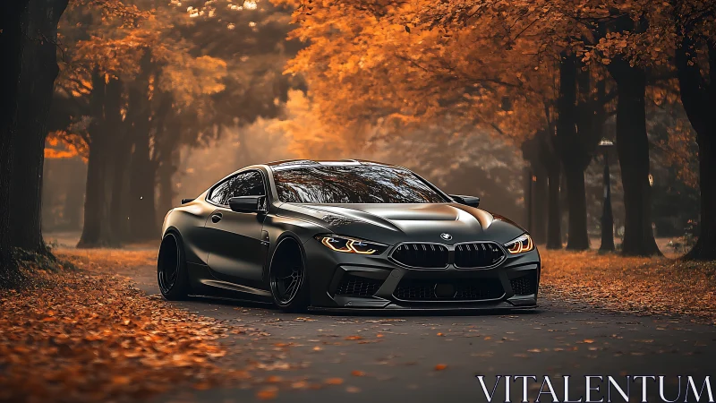 Matte black sports coupe glides through a tranquil autumn forest.