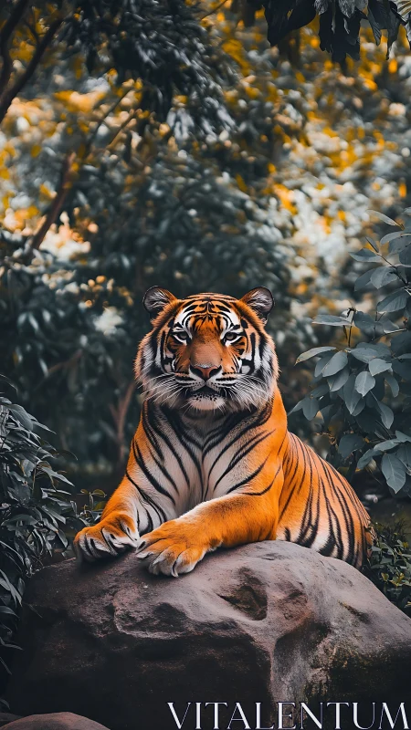 Regal tiger poised on mossy rock amid lush forest stillness.