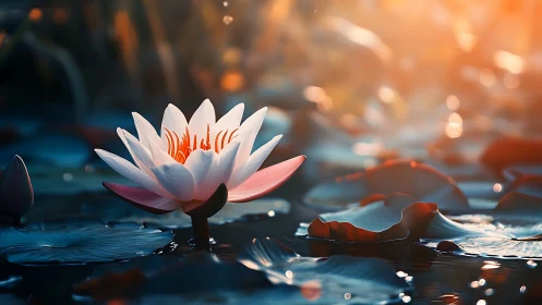 Sunlit waterlily poised on twilight-tinted rippling pond.