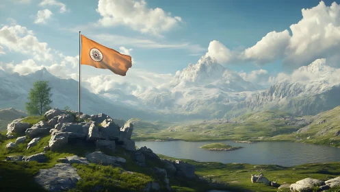 Indian flag on rocky hill against high-altitude glacial mountain basin