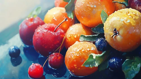 Hyperreal citrus and berries with water droplets on blue surface