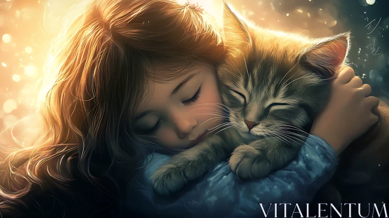 Girl and Cat Embrace in Golden Light.