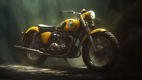 Vintage yellow motorcycle is rendered in directional studio light