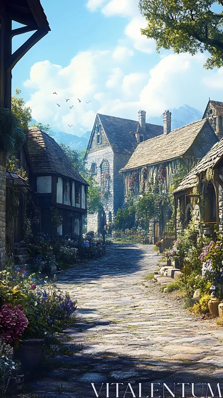 Sunlit cobblestone lane through tranquil cottage gardens.