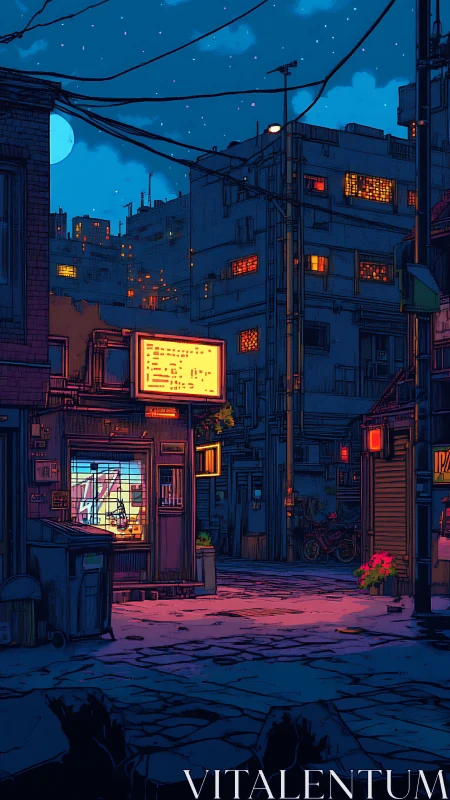 Nocturnal alleyway kiosk under neon signage and blue dusk