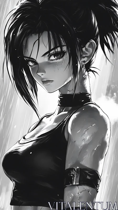 Defiant monochrome warrior girl under streaming rainstorm.
