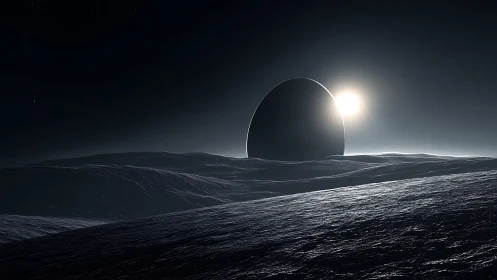 Minimalist lunar horizon with monolithic eclipse structure.