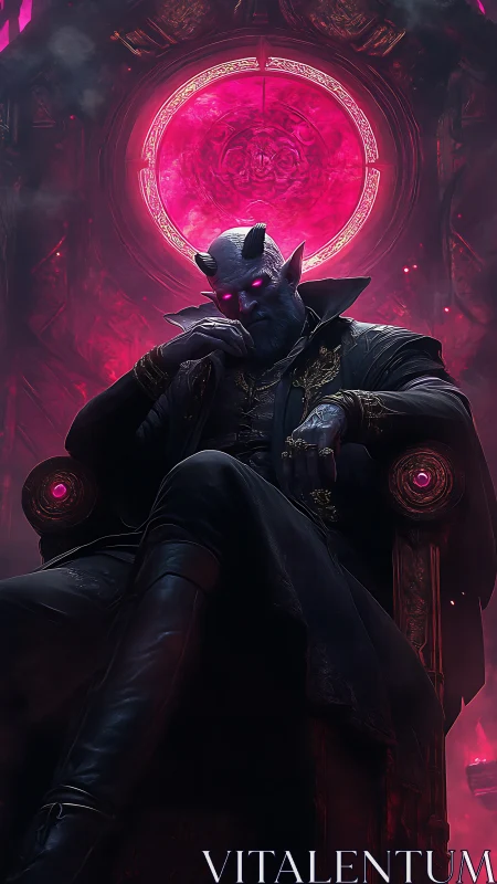 Horned demon lord sits on ornate throne under neon halo