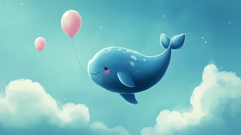 Smiling sky-whale drifting with pink balloons above clouds.