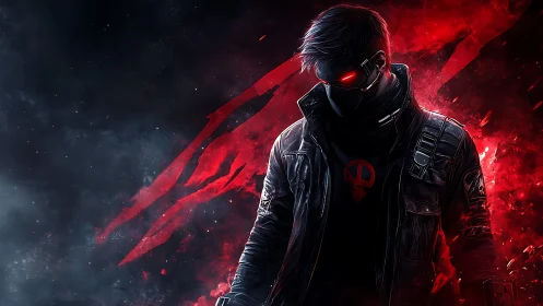 Augmented night operative in red-limned particle vortex.