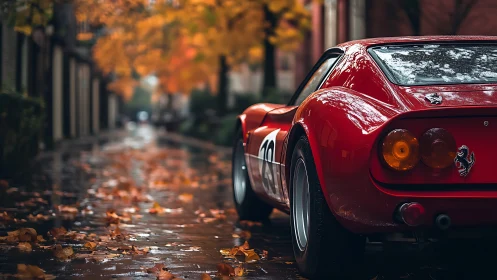 Rear-quarter view of classic red race car on wet autumn street