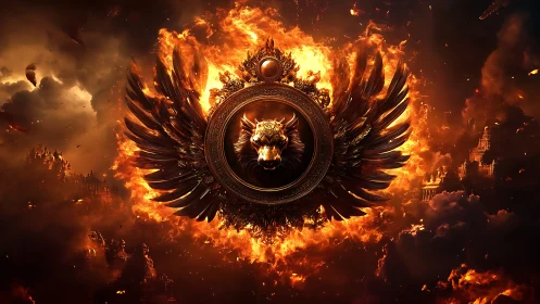 Winged lion emblem within ornate circle over flames.