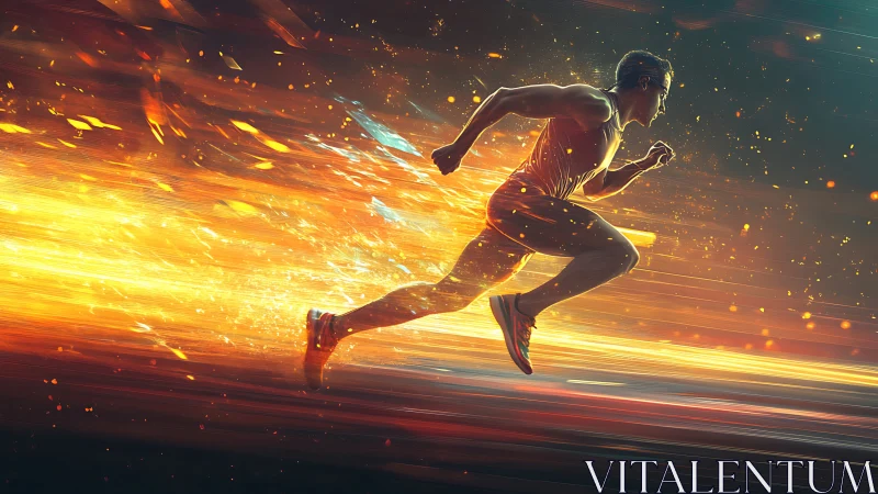 Runner in a trail of fire, chasing a personal sunrise.