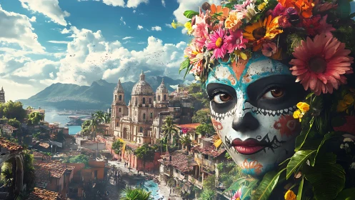 Catrina spirit watches over a sunlit Latin American cityscape.