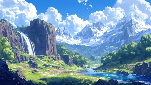 Digital painting landscape with alpine river and waterfall focus.