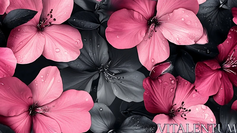Pink and Dark Floral Composition with Water Droplets.