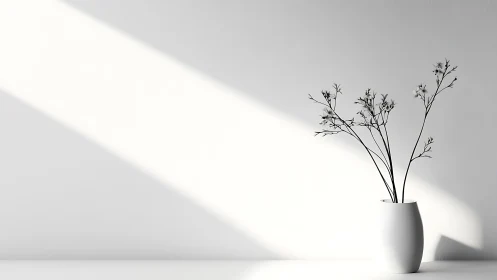 Minimalist white vase under diagonal natural light beam.