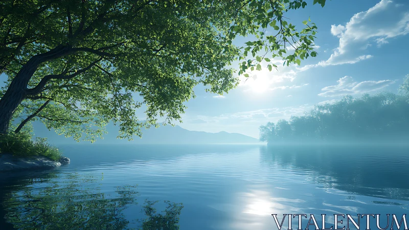 Tranquil lakeside morning with misty horizon and sunlit water.