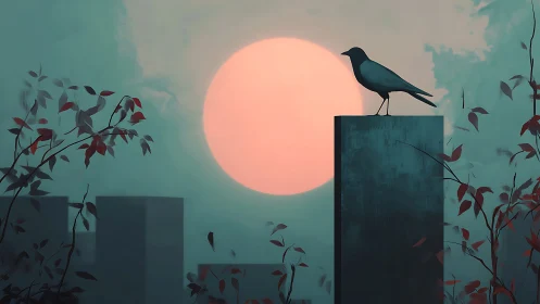 Avian silhouette on monolith against oversized atmospheric sun.