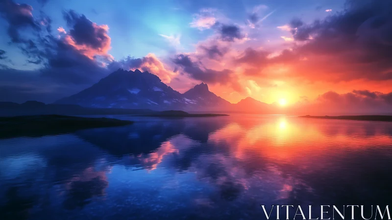 Mountain lake sunset renders high-saturation chromatic drama