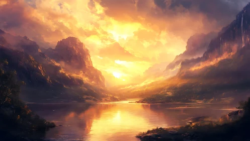 Radiant alpine gorge at sunrise over reflective mountain lake.