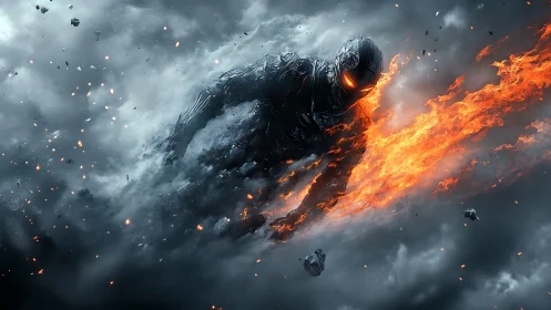 Molten cyber warrior erupting through storm clouds in fire.