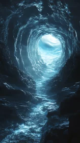 Luminescent ice tunnel opening toward a distant blue sky.