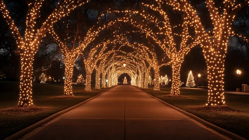 Symmetric tree allée with dense incandescent festive wrapping.