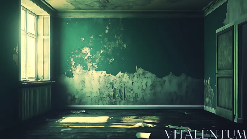 Vacant interior with peeling green wall and window light.