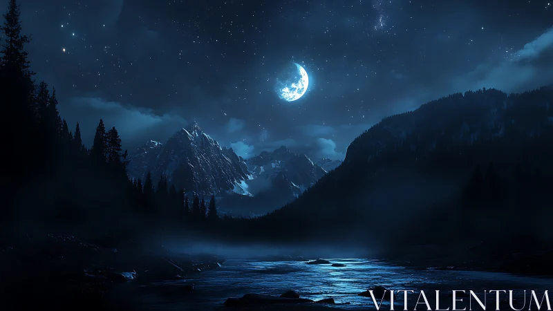 Moonlit river winding through quiet, misty mountain valley.