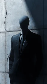 Faceless suited figure stands in harsh concrete shadowed light.