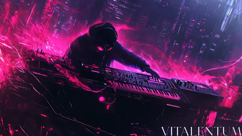 Hooded electronic musician at synthesizer in neon haze.