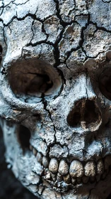 Cracked stone skull with weathered, timeworn expression.