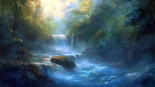 Luminous forest cascade amid misty blue river light.