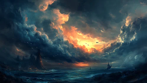 Storm-laden oceanic vista with volcanic coast under fiery sky