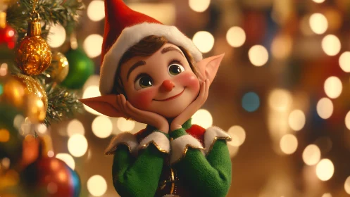Whimsical 3D Christmas elf portrait beside glowing tree bokeh