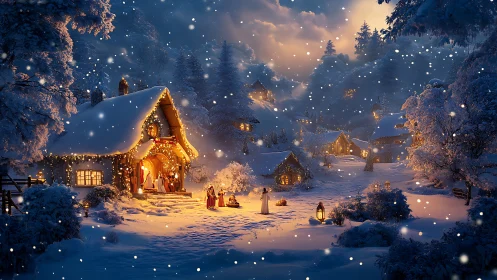 Snow covered village shows illuminated cottages on winter night