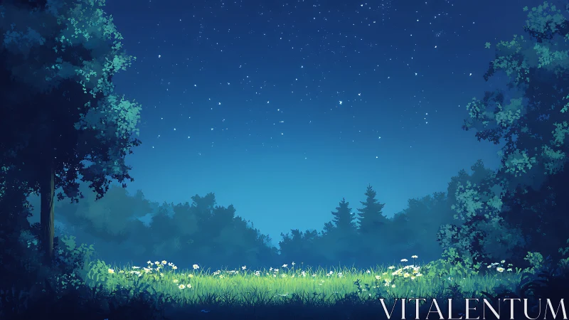 Starlit forest clearing bathed in luminous midnight blue glow.